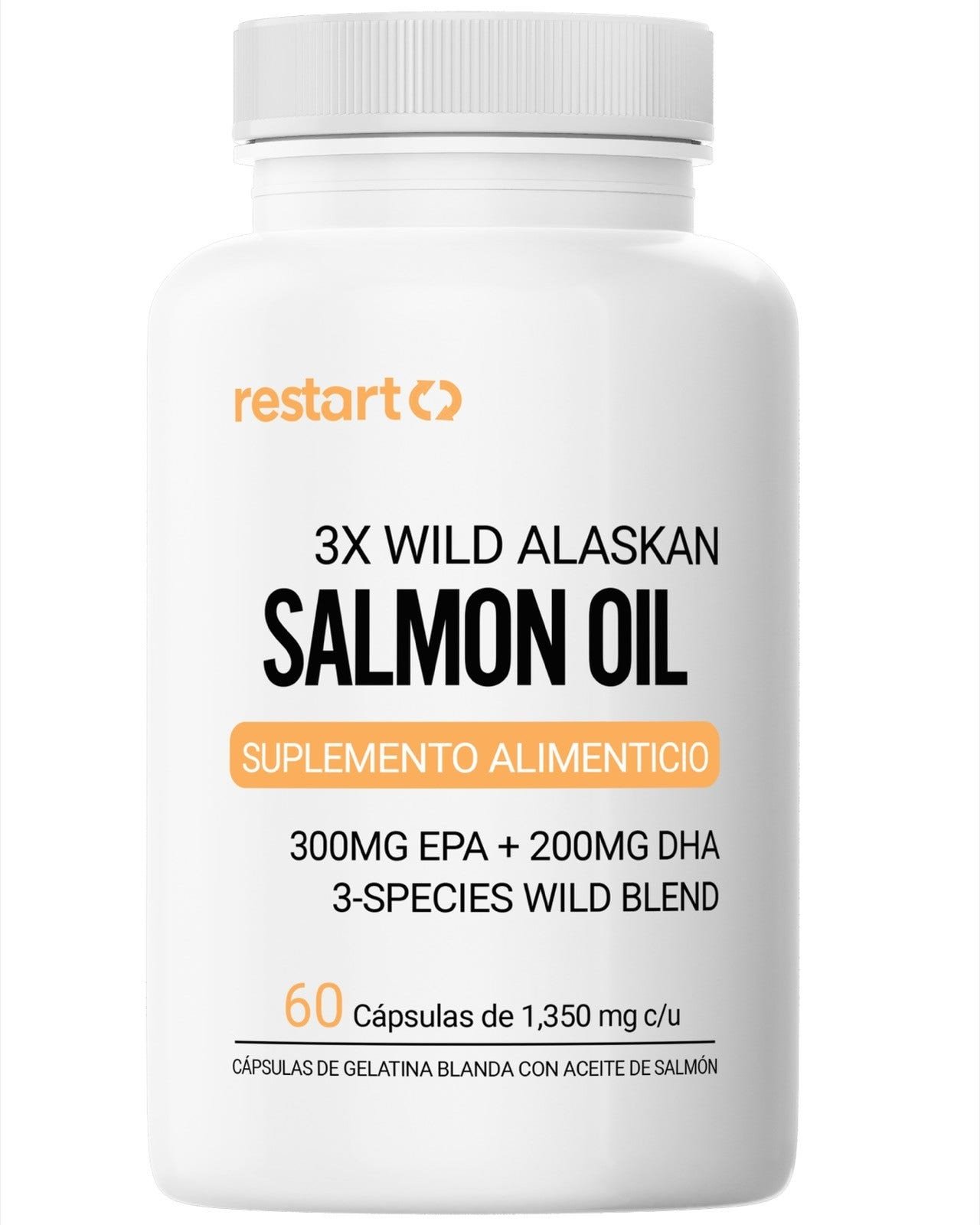 Restart Salmon Oil 3X Wild Alaskan Oil Salmon Salvaje 300mg EPA 200mg DHA Softgel 60 Capsules