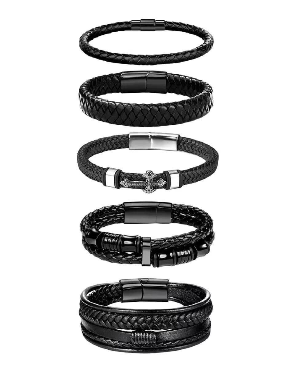 Set Pulseras Cuero Trenzado for Men with Cierre Magnético