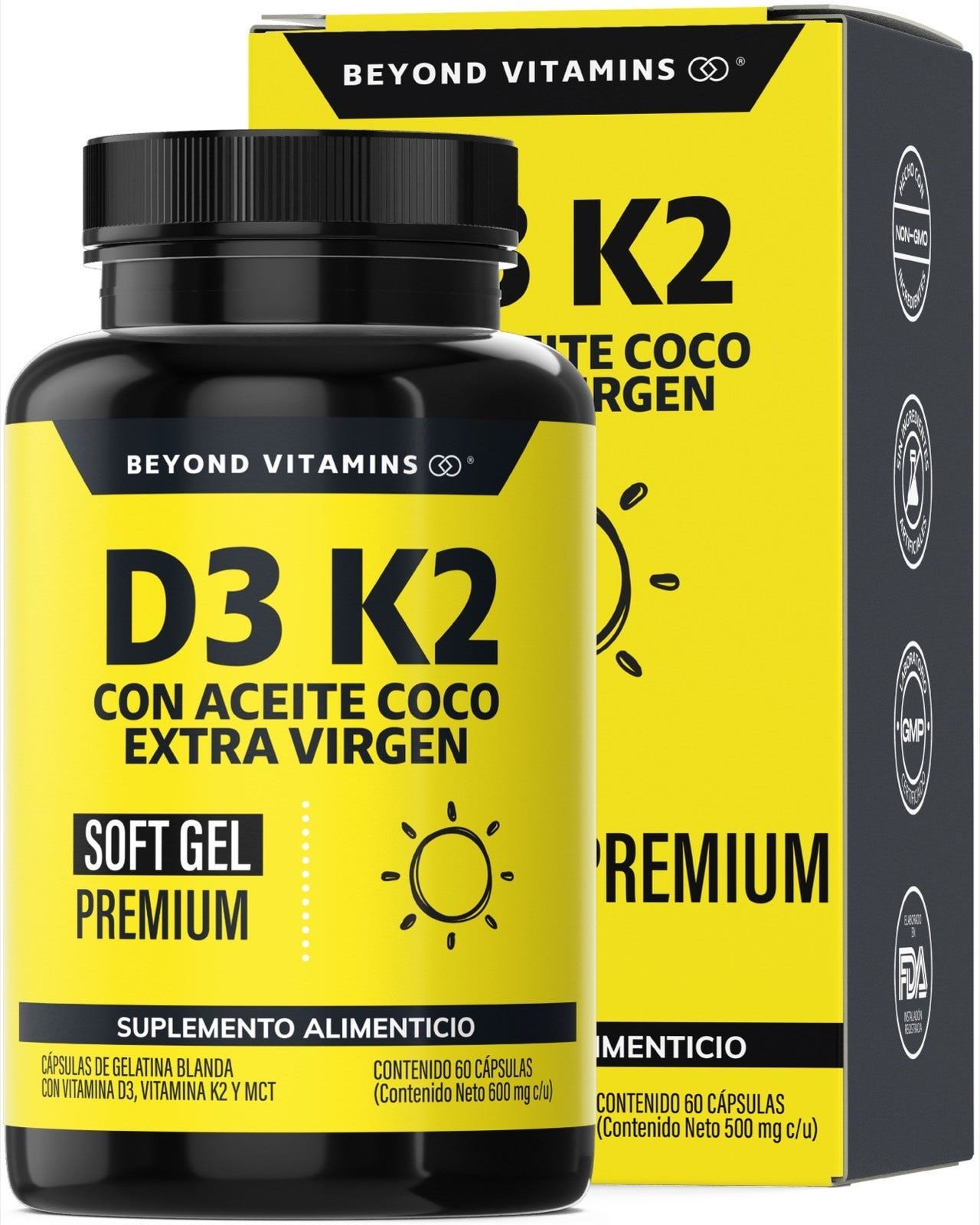 Beyond Vitamins | Vitamin D3 + K2 with Oil Coconut Extra Virgen & MCT | 60 Capsules Blandas